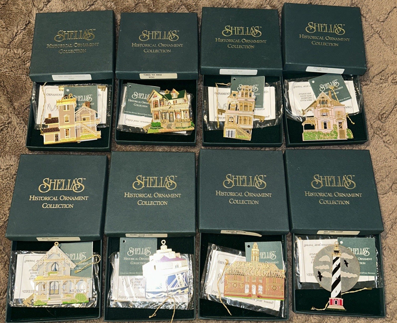 Shelia's Historical Brass  Ornaments Collection Lot Of 8 Mint Original Boxes