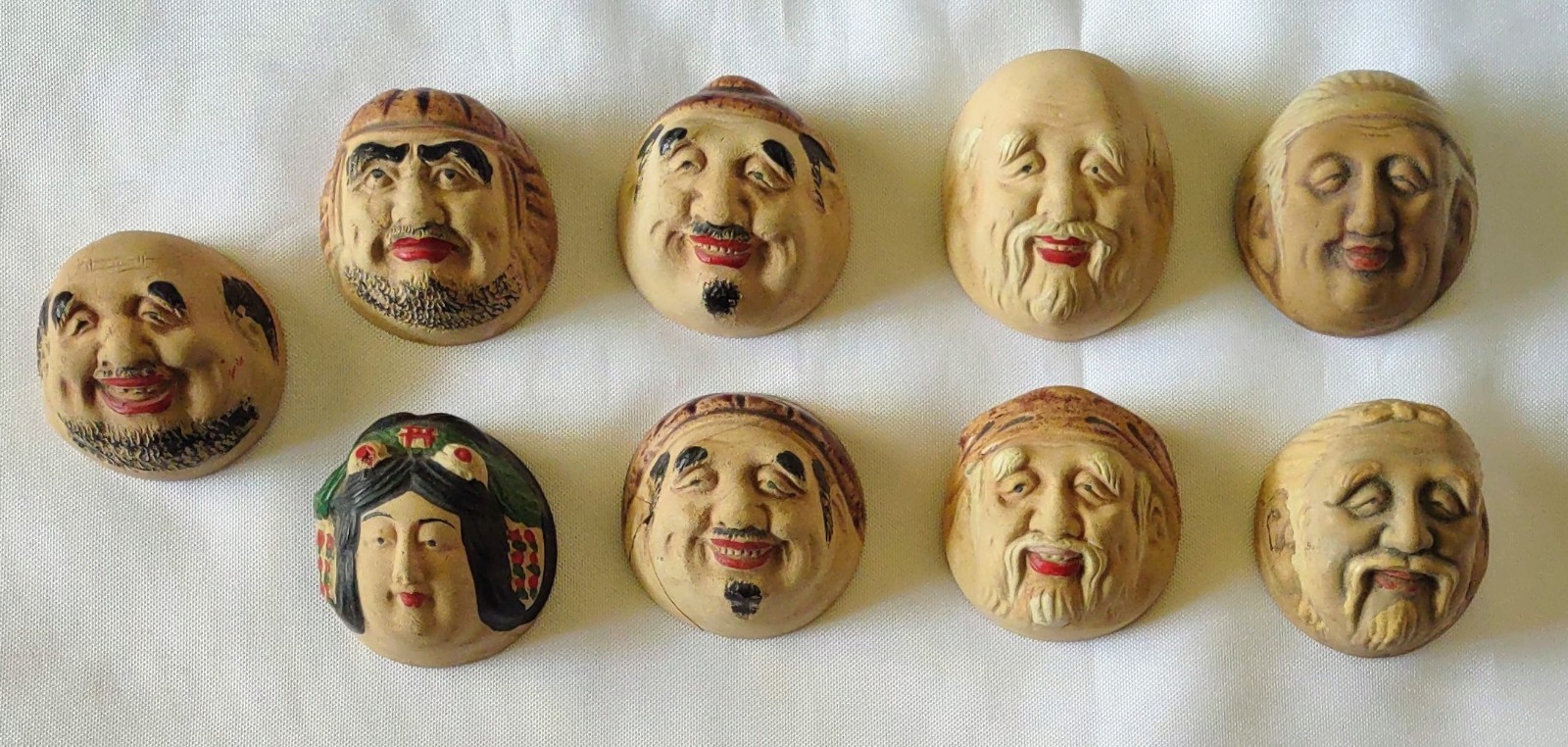 Antique 1900 Meiji Period Japanese Seven Lucky Gods Lot Of 9 Sake Ochoko