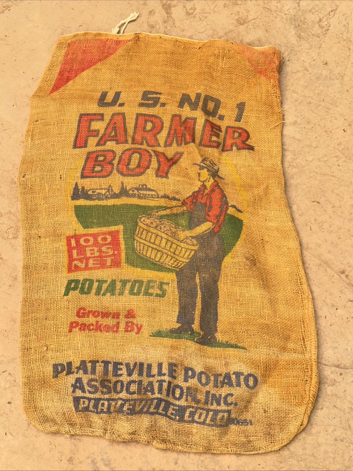 VTG Farmer Boy Colorado Potatoes Burlap Bag 100 lbs Gunny Sack Rare Antique htf