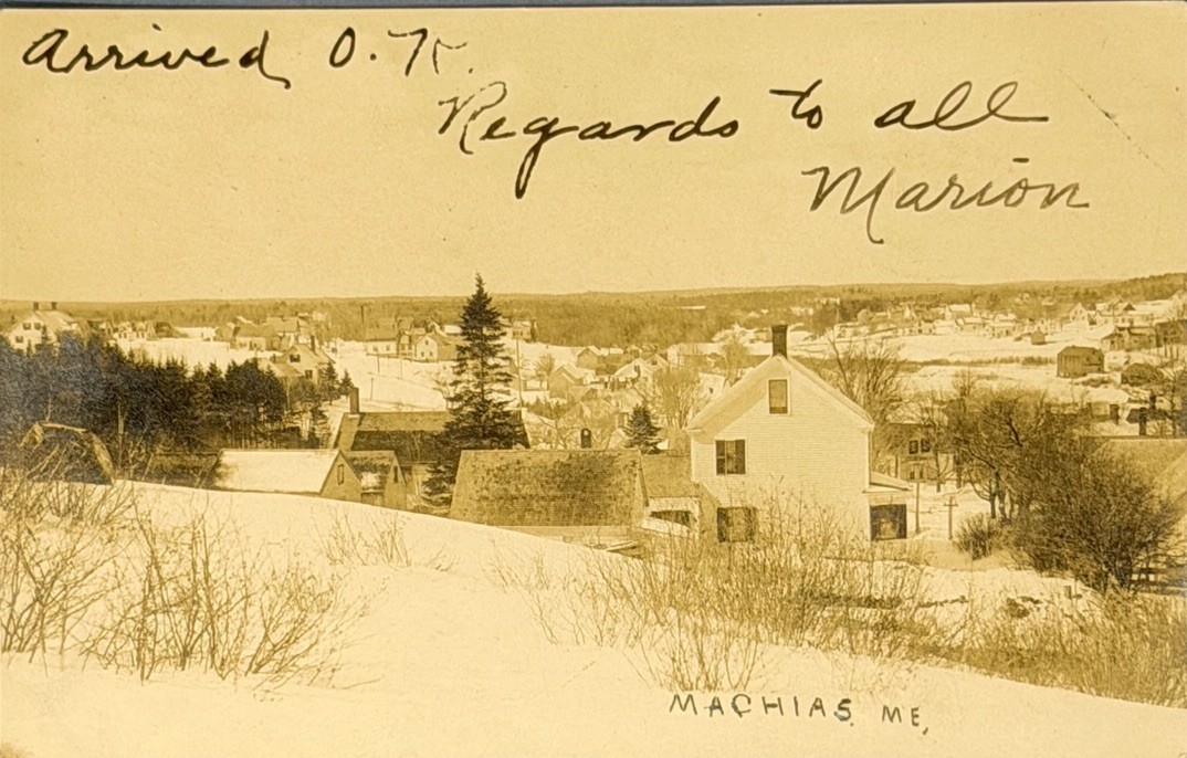 RPPC Machias Maine ME Postcard c1907 Winter Snow Scene Town View Vintage