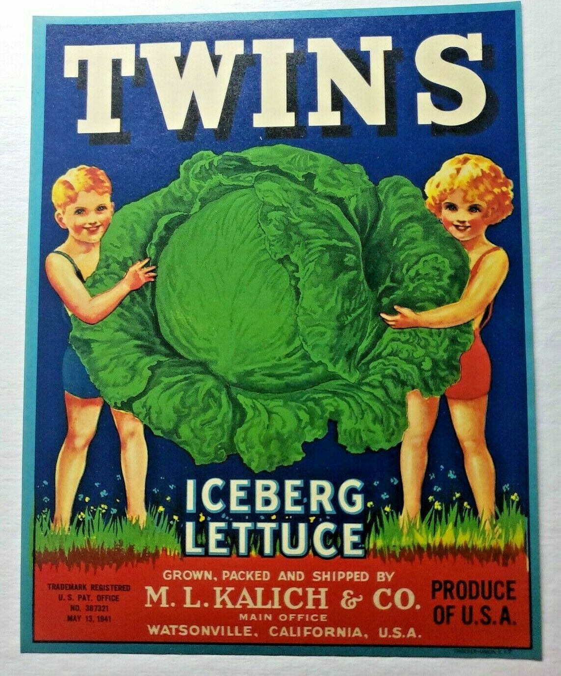 Vintage Twins Original 1940s Watsonville, CA Iceberg Lettuce Crate Label (B-2)