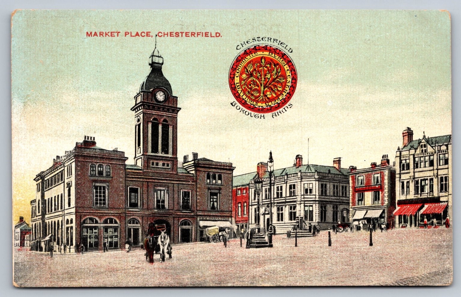 Chesterfield Market Place Clock Tower Borough Arms UK Postcard Bavaria Print