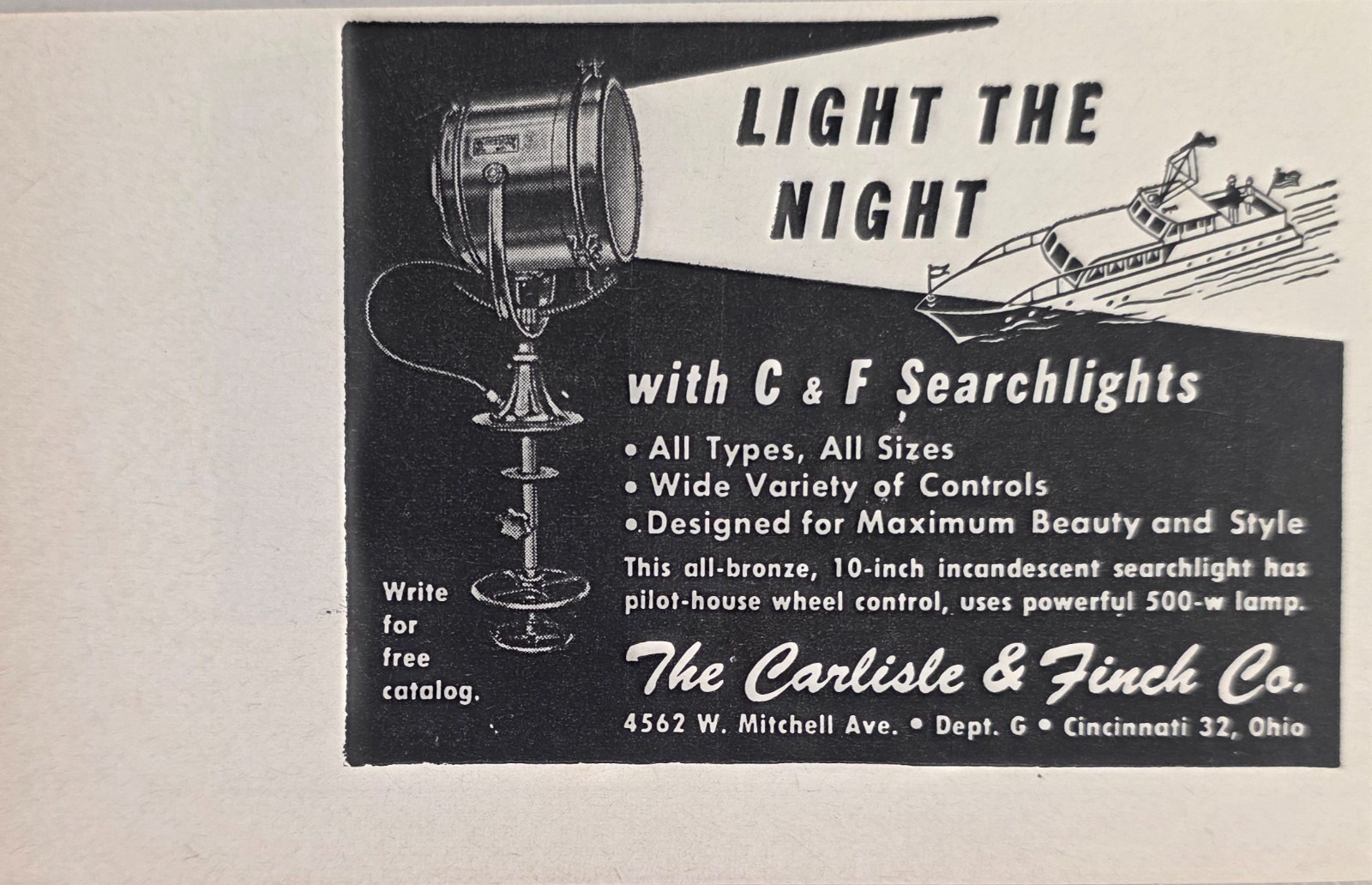 1956 Print Ad Carlisle & Finch C&F Marine Searchlights Cincinnati,Ohio