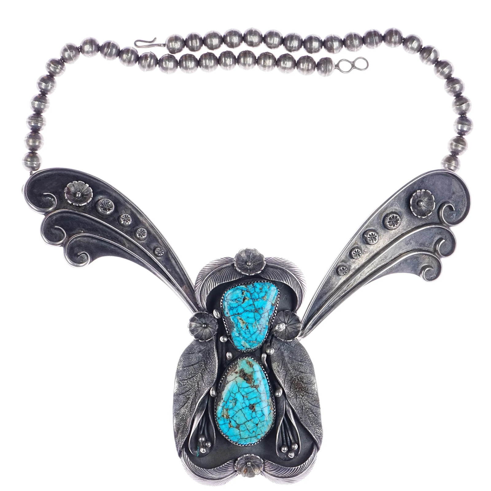 Huge 1970\'s Navajo sterling silver spiderweb turquoise butterfly bib necklace
