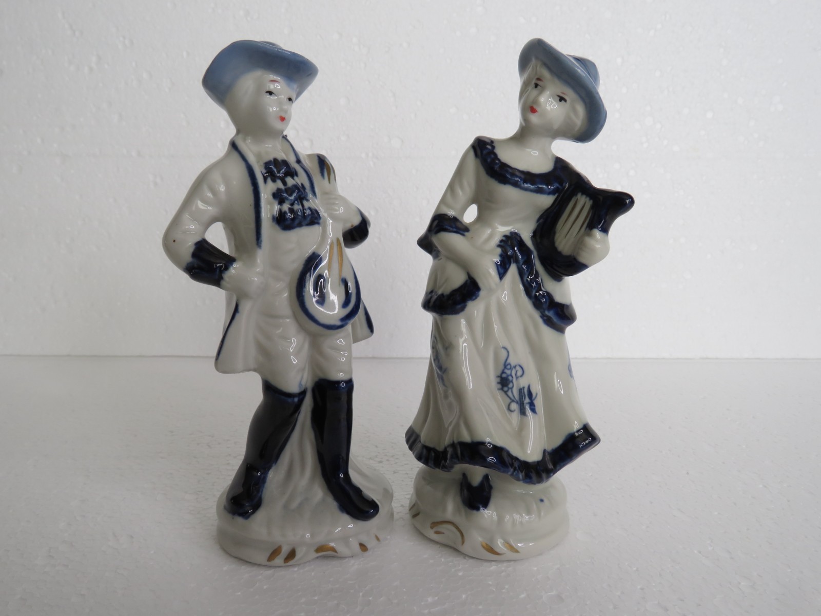 Vintage Cobalt Blue Porcelain Man And Woman Victorian Figurines Playing Music
