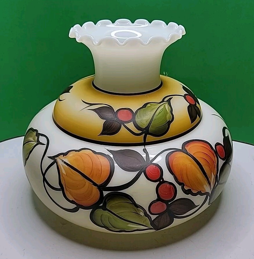 Vintage Large Hand Painted Milk Glass Lamp Shade For A Hurricane Style Lamp.