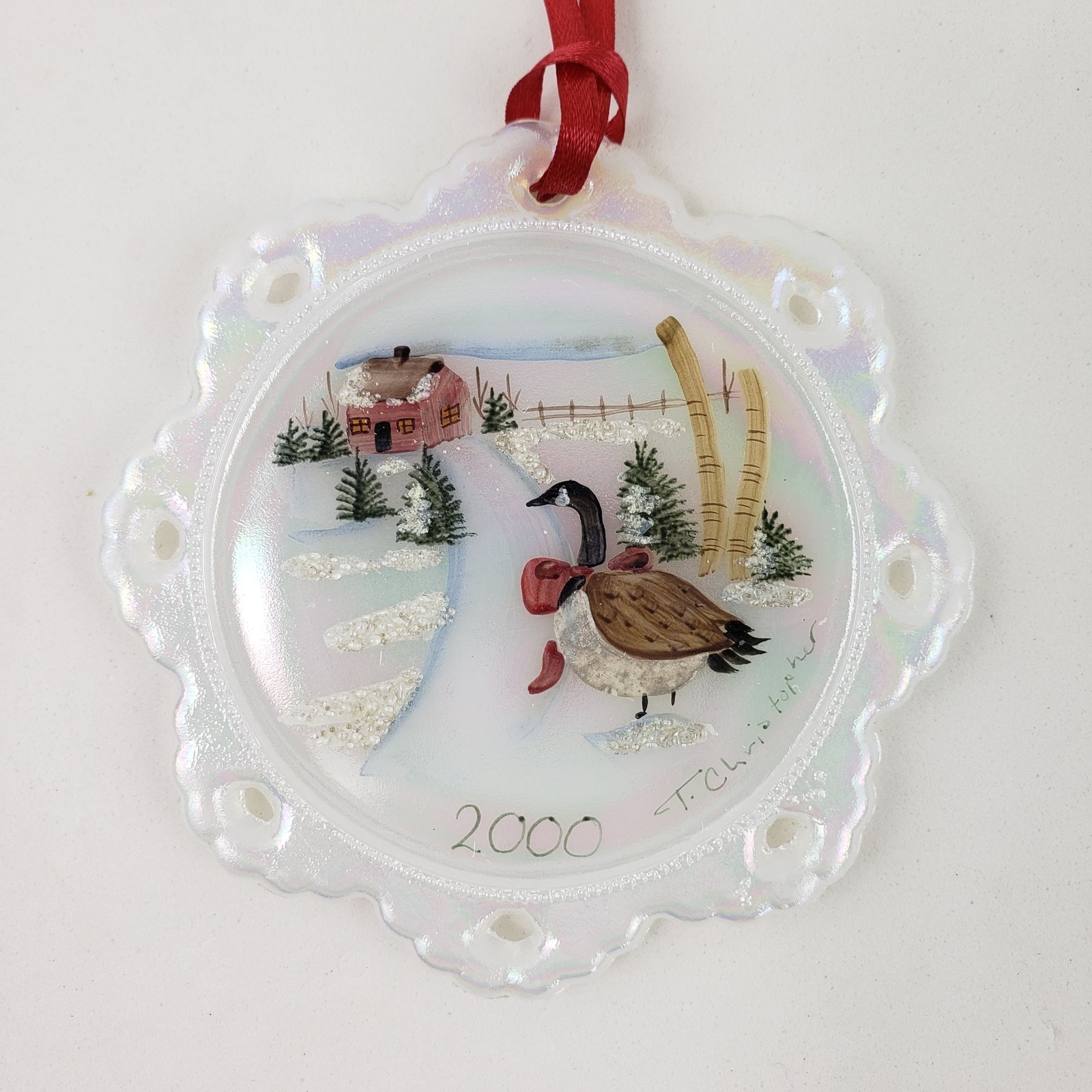 Fenton Vintage Snowflake Ornament 2000 Signed Hand Painted Christmas Goose USA