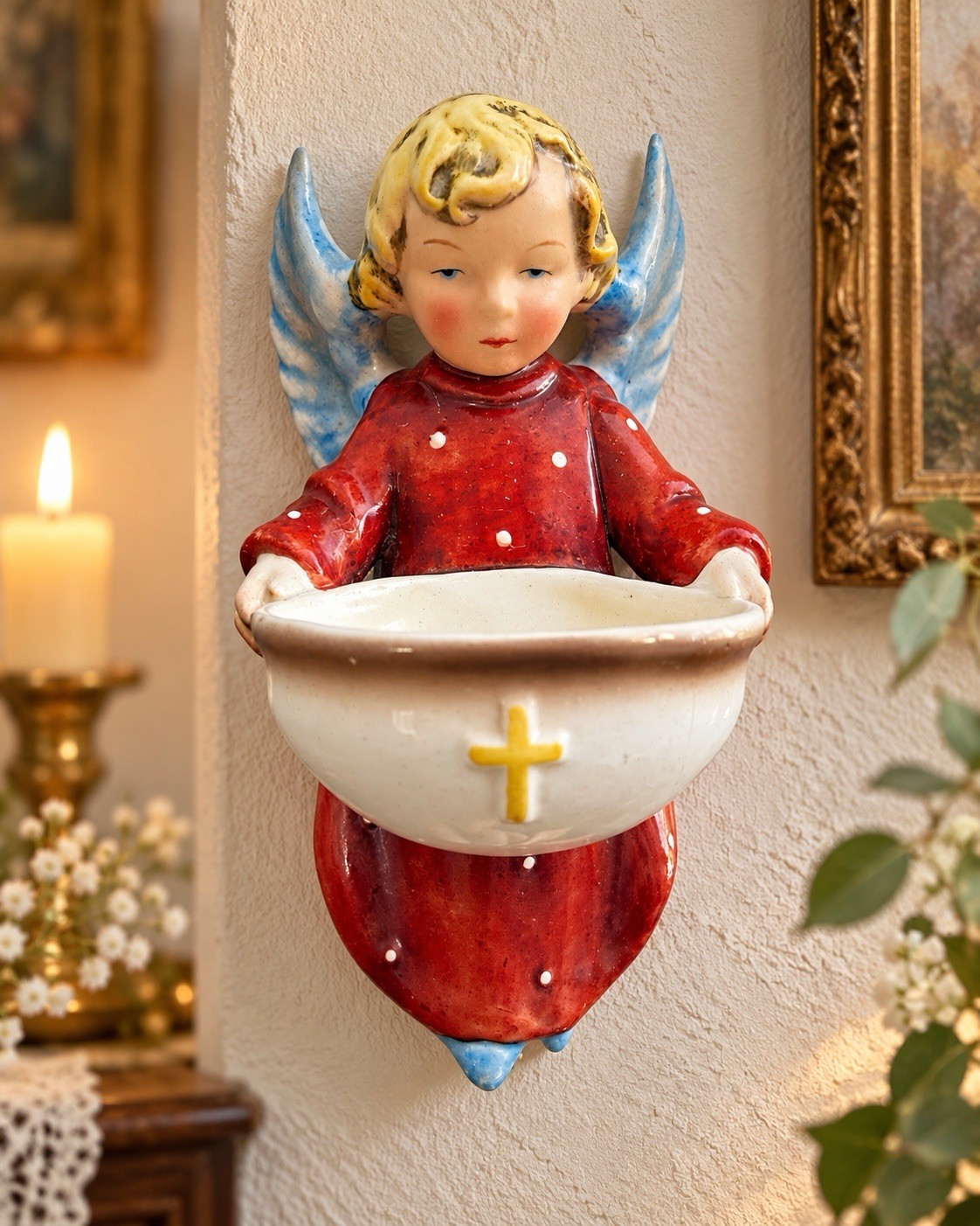 Vintage Goebel Sacrart HW 45 Angel Holy Water Font Germany Crown Mark Wall Stoup