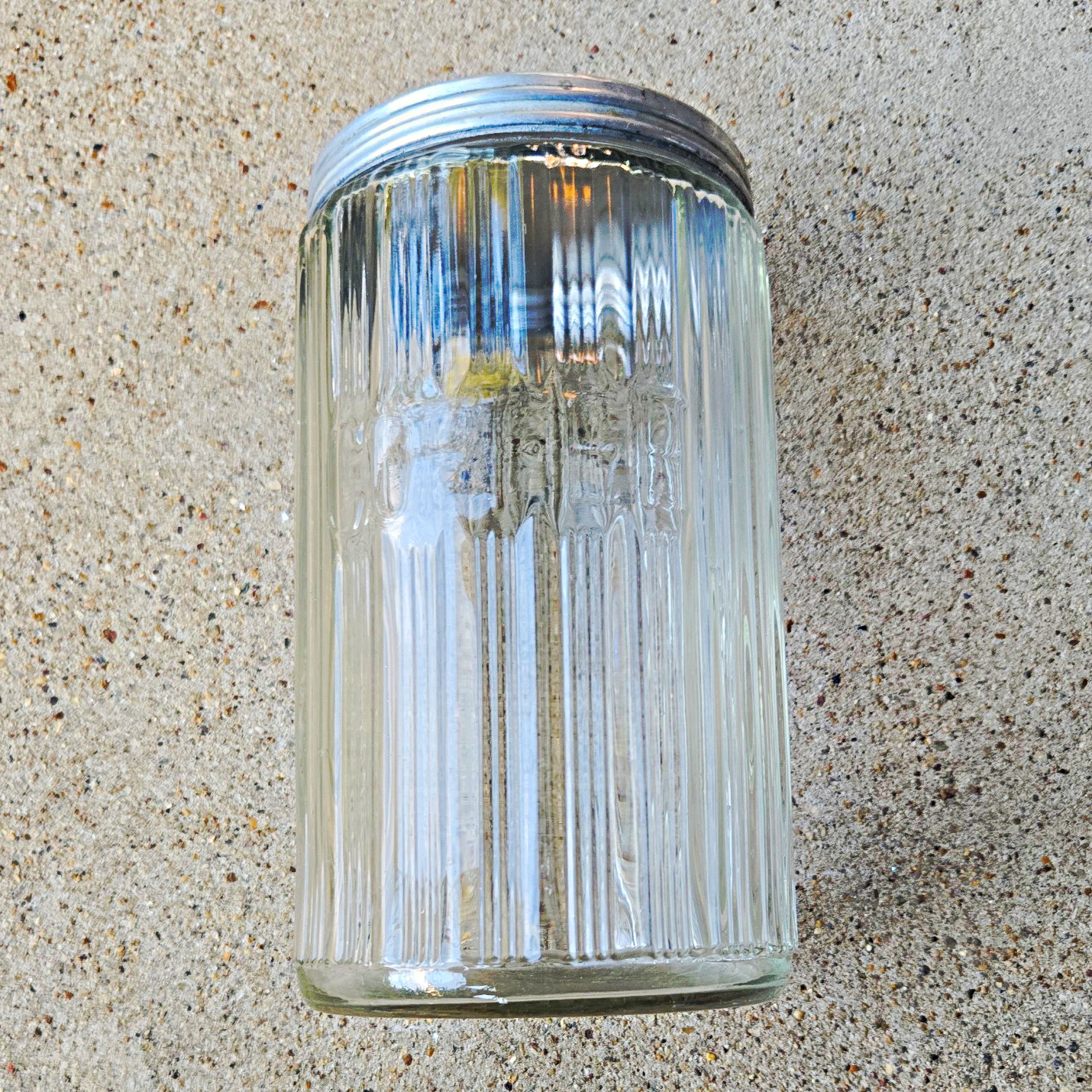 Antique 1920s Hoosier Glass Coffee Jar Ribbed Kitchen Storage Canister w/ Lid