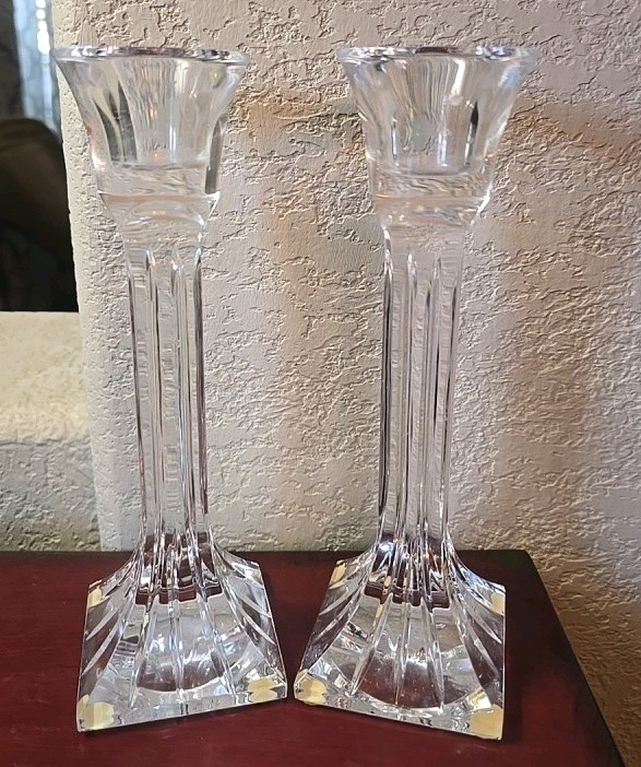 2 Vtg Signed Kristall Krisla Italia Lead Crystal Candlestick Holders 9\