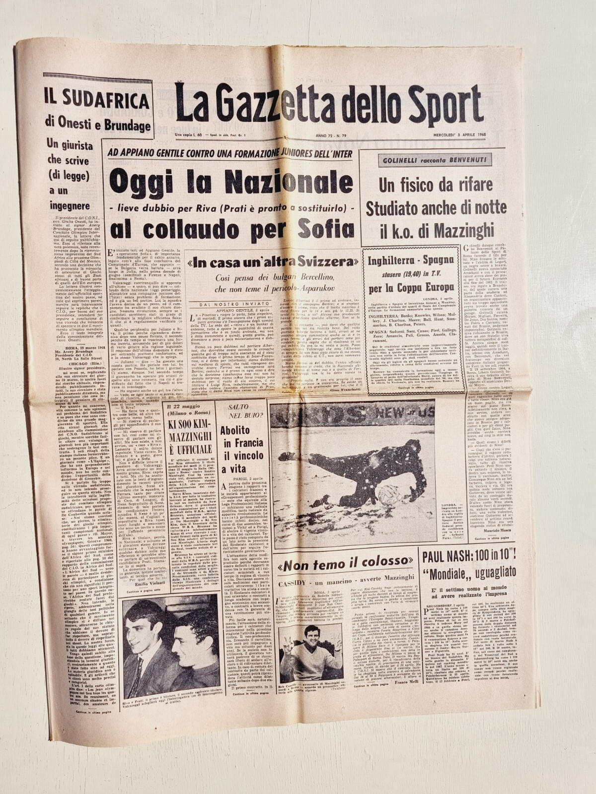 GAZZETTA DELLO SPORT 3 APRIL 1968 PAUL NASH-BOB CASSIDY-GIGI RIVA-VESPA PIAGGIO