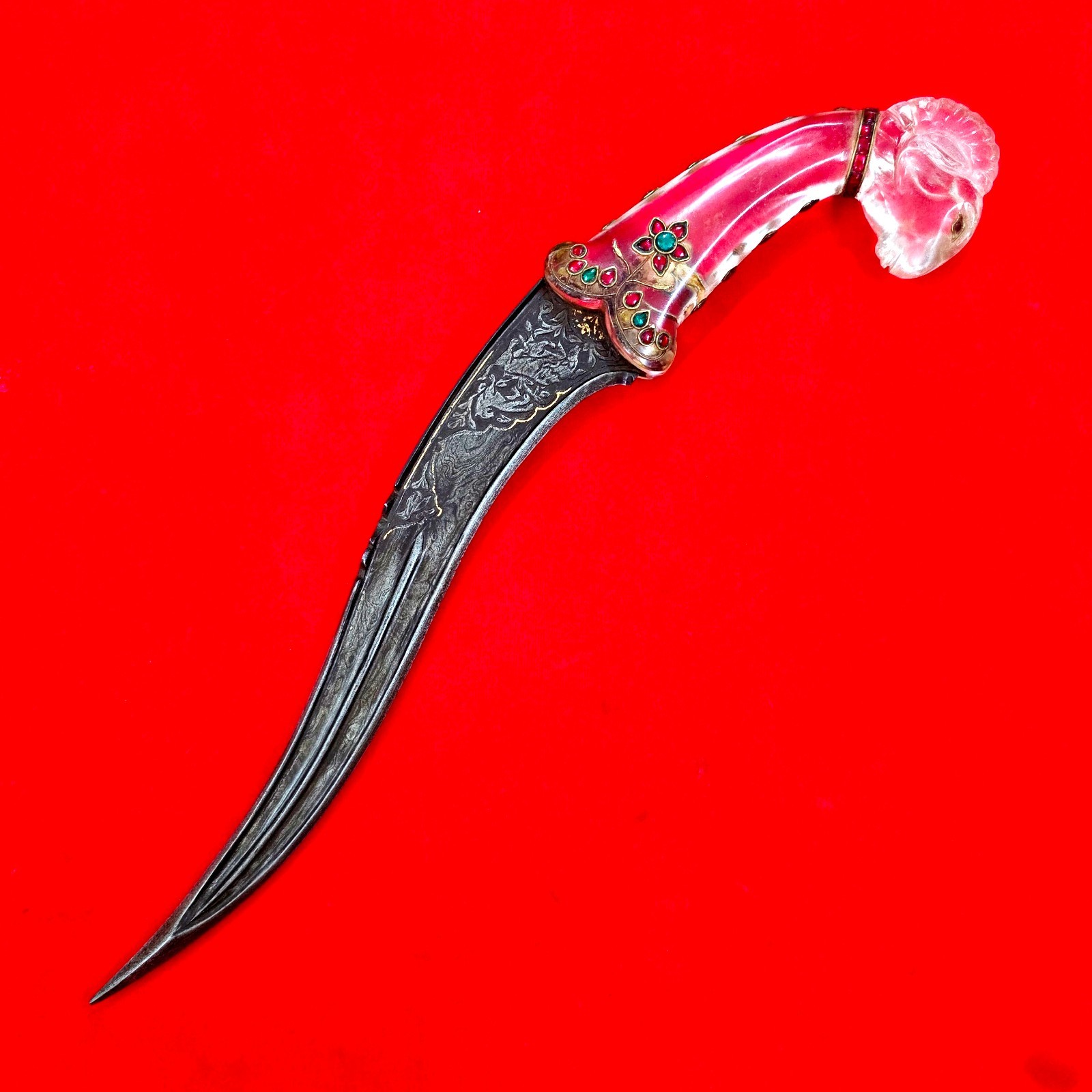 Vintage Indo-Persian Mughal Islamic Jeweled Crystal Gold Damascus Pesh-Kabz Kard
