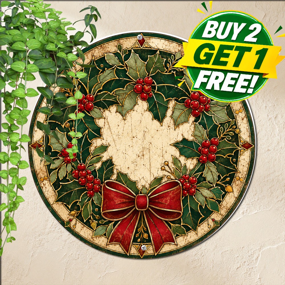 Bohemian Holly Berries Round Metal Sign Holiday Acrylic Look Christmas Decor