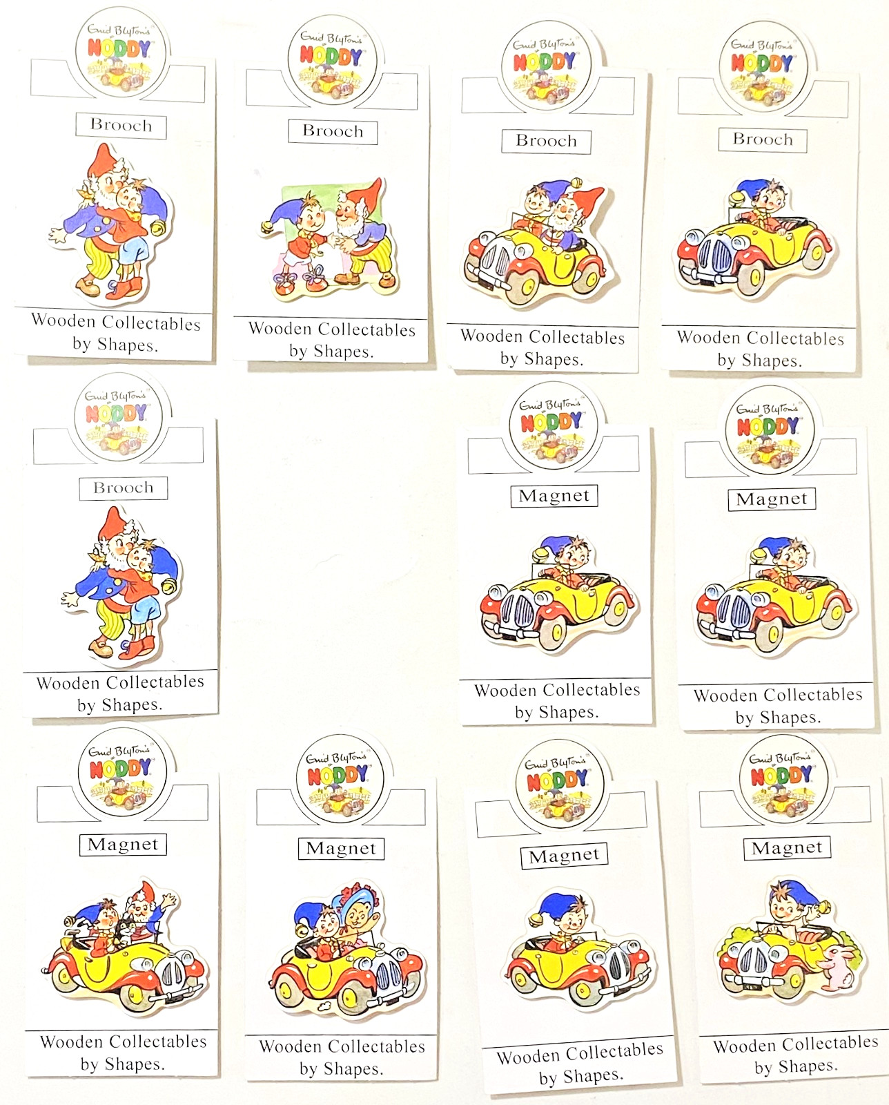 1996 Enid Blyton's Noddy, Big Ears & Friends, 5 Brooches 6 Magnets Wooden Shapes