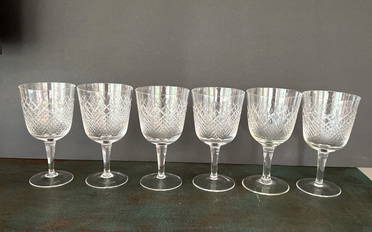 VINTAGE 1960-1970's SET of 6 GERMAN RHEIN KRISTALL WINE GLASSES DIAMOND CUT