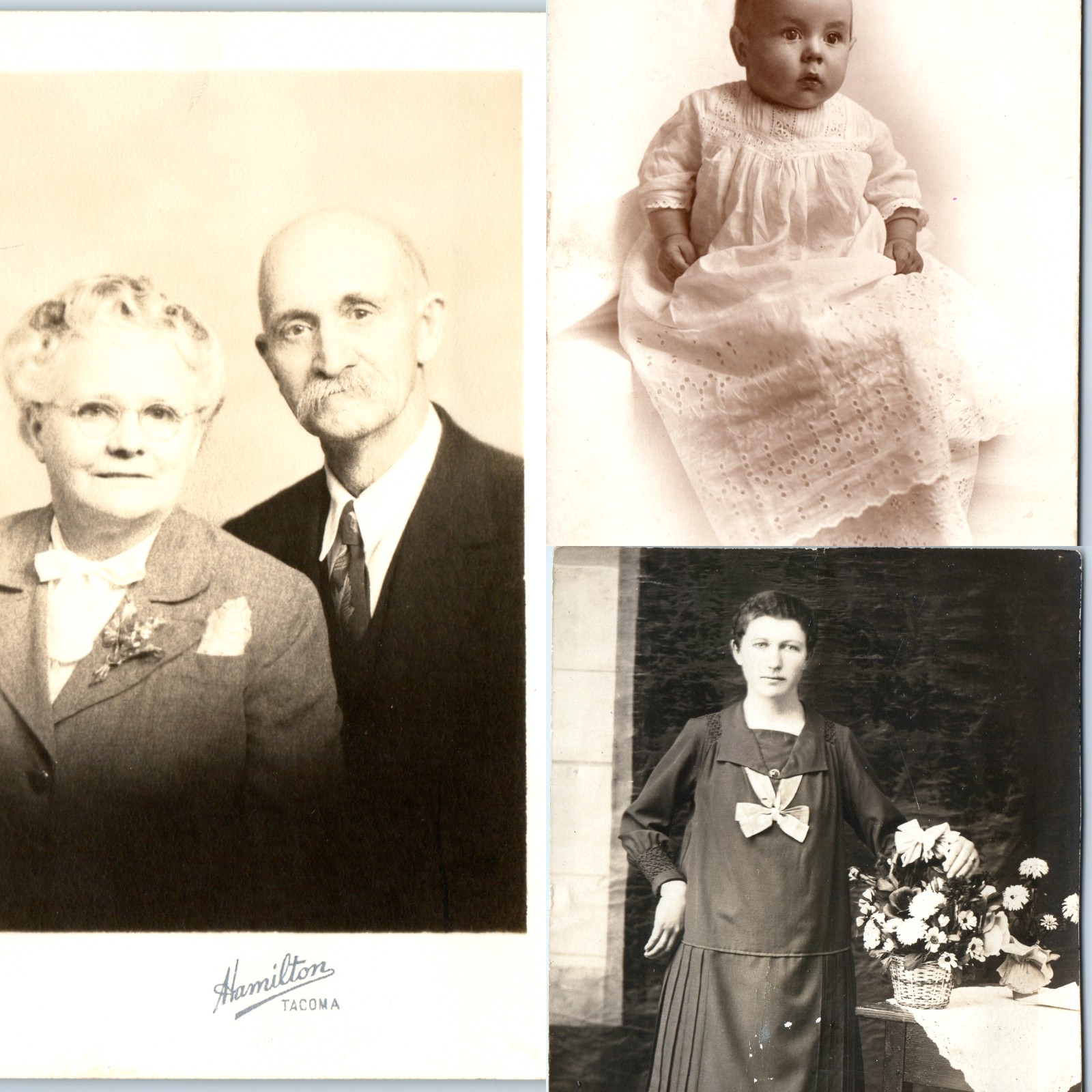 x3 RPPC LOT c1910s-1920s Family Portraits Baby Christening Elderly Couple A380
