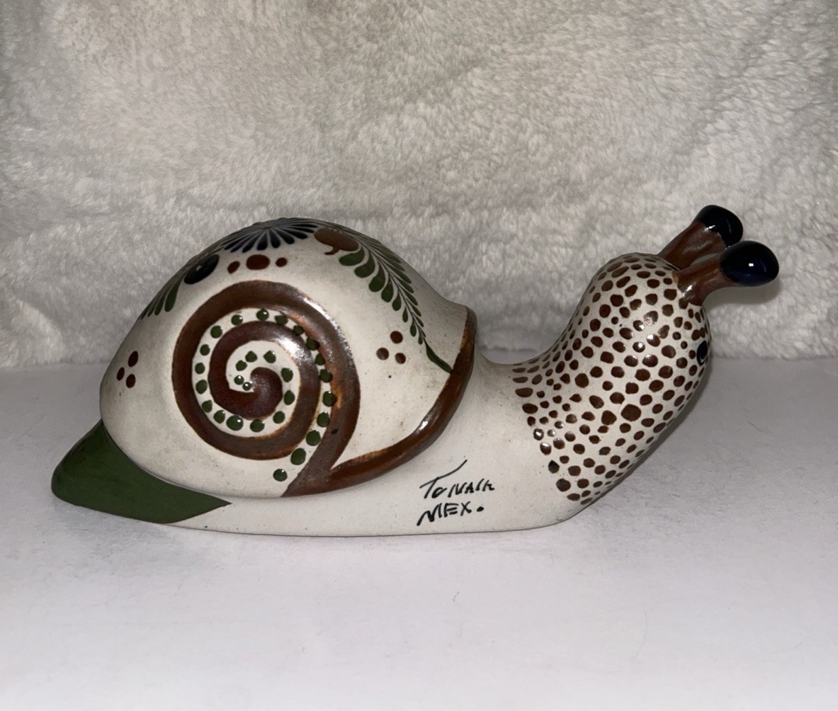 Vintage Tonala Mexico Pottery Snail Folk Art Hand Painted Figurine