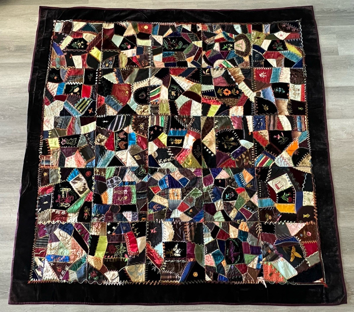 Antique Hand-Stitched Crazy Quilt Dated 1854 -62x61”