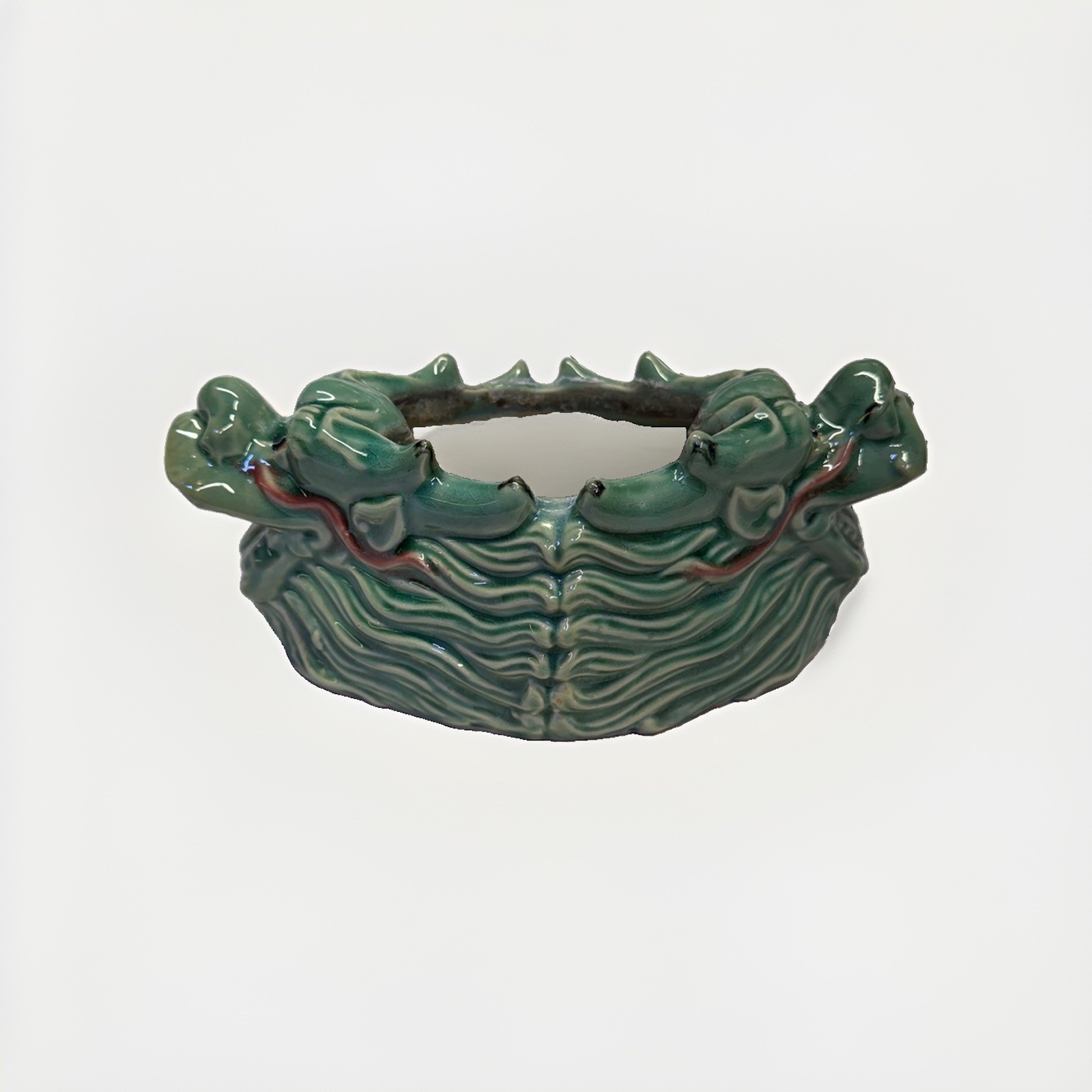 Vintage Chinese Double Dragon Green Glazed Ceramic Planter Majolica Style