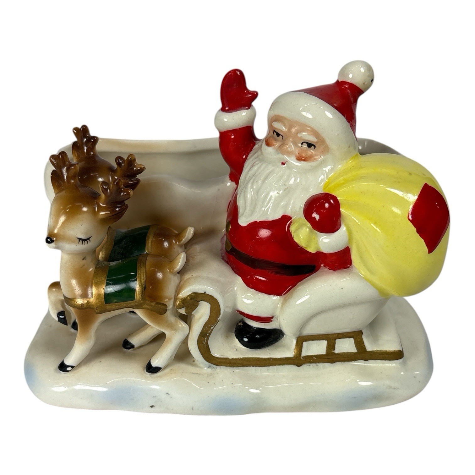 Vintage Lefton Santa Claus Reindeer Sleigh Christmas Ceramic Planter Japan 2915