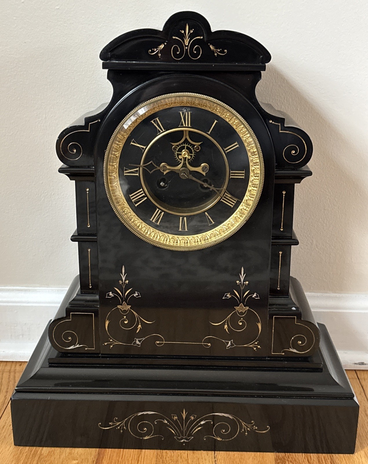 Impressive Carved Slate Antique French Mantel Clock - Black Open Escapement Dial