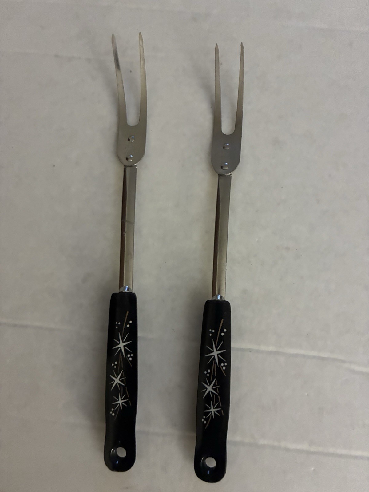 2 Vintage Atomic Starburst EKCO Meat Fork Black Handle Carving Stainless Steel