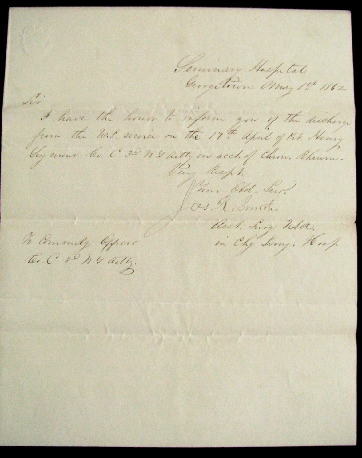 CIVIL WAR TEXAS ARMY SURGEON DR JAMES ROWE SMTH GEORGETOWN DC 1862 LETTER