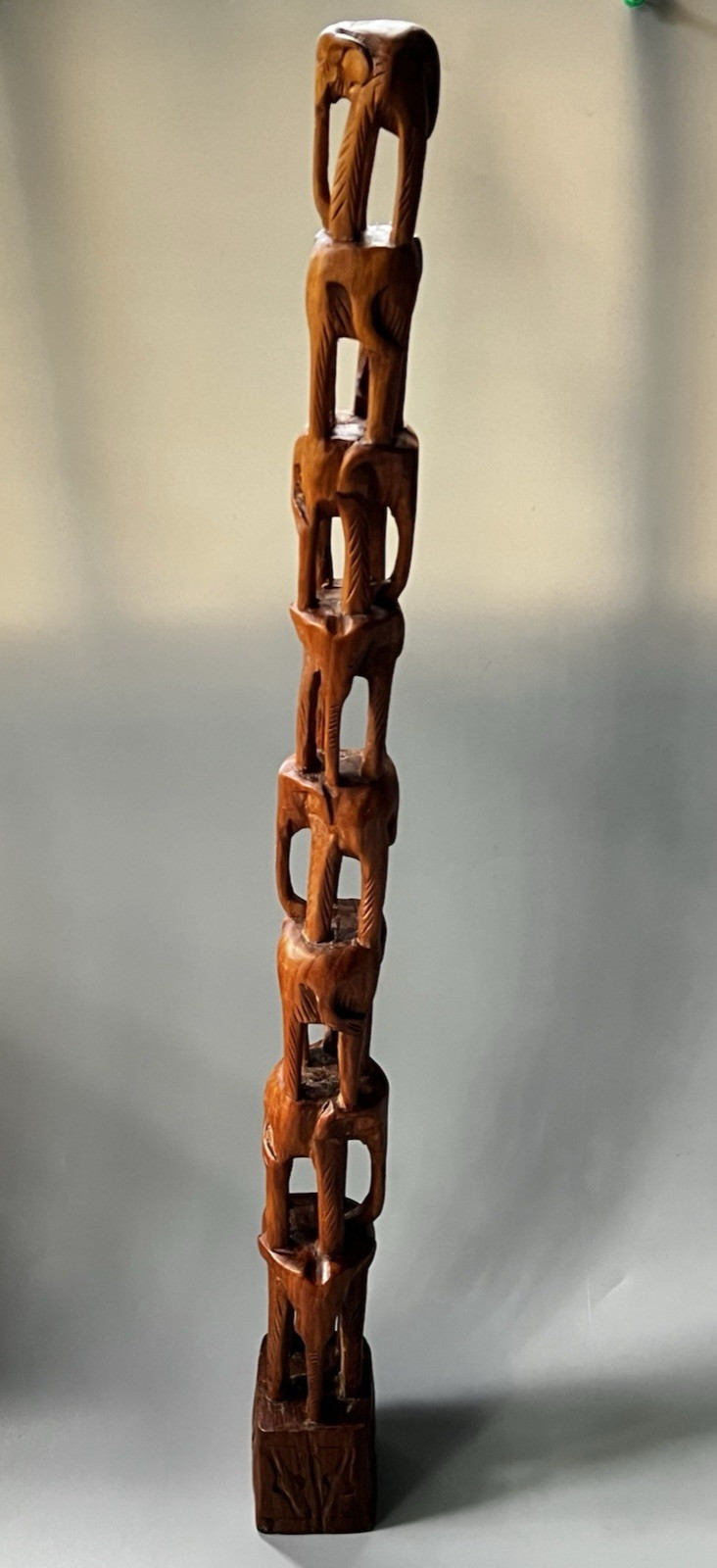Vtg Hand Carved Wood Stacked Elephant Totem Pole Tower Statue 27.5” Thailand