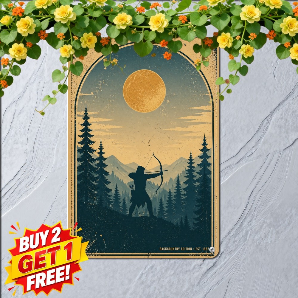 Rustic Forest Archer Silhouette Metal Art Sign Vintage Hunting Lodge Plaque