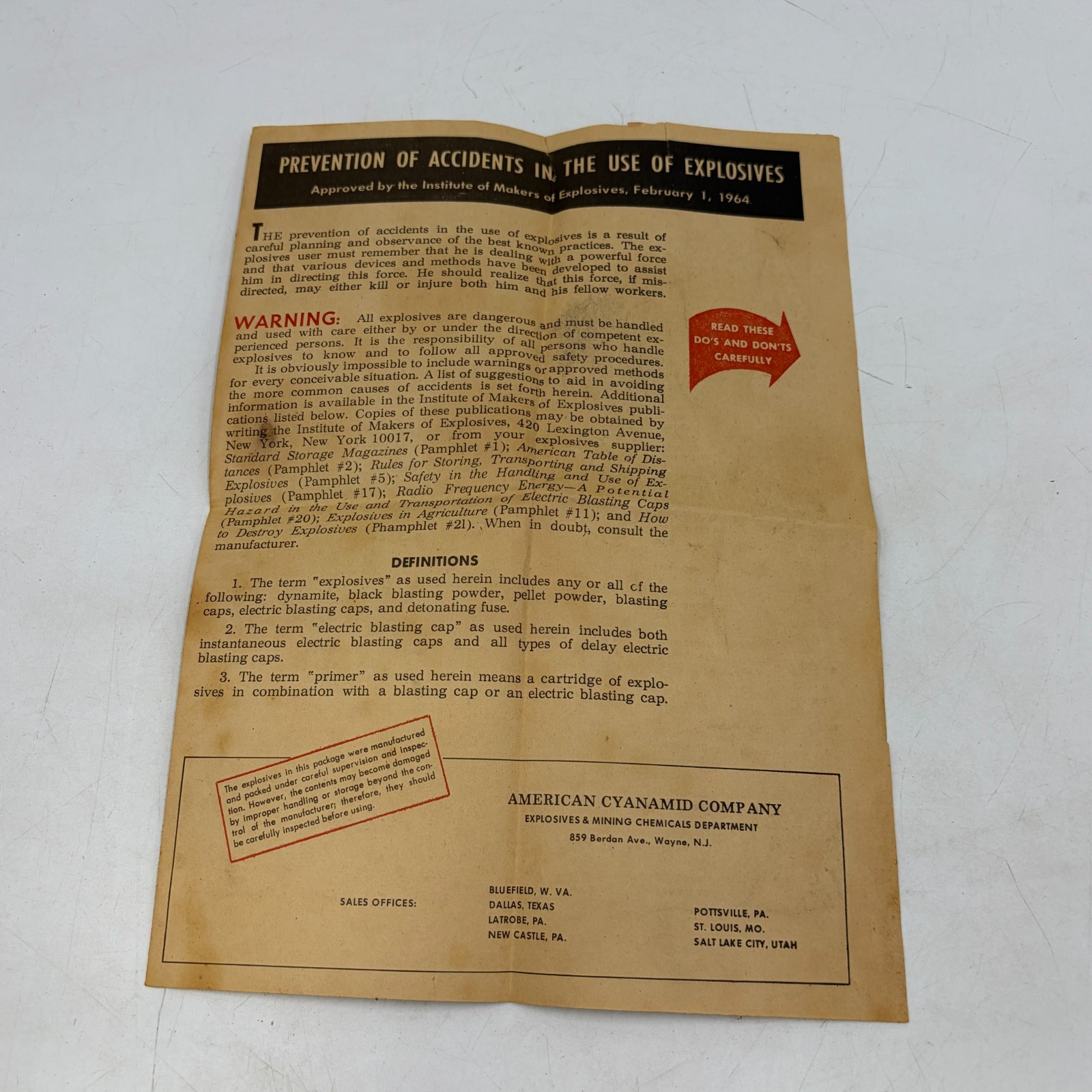 1964 American Cyanamid Explosives Safety Brochure Dynamite Mining Blasting