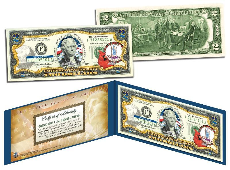 VIRGINIA Statehood $2 Two-Dollar Colorized U.S. Bill VA State *Legal Tender*