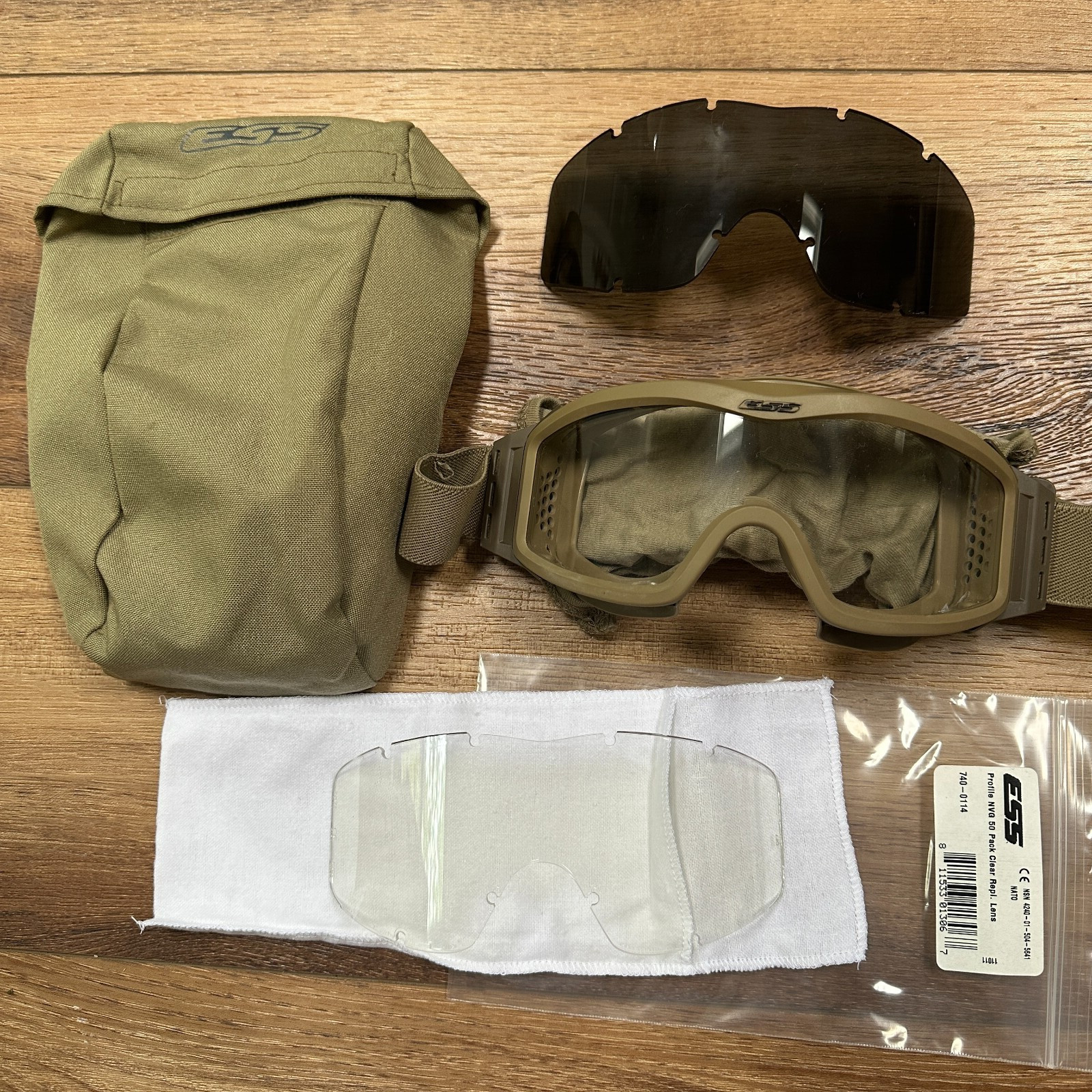 ESS Profile NVG Tan Goggles Military w New Clear Lens & Used Tinted Lens & Case