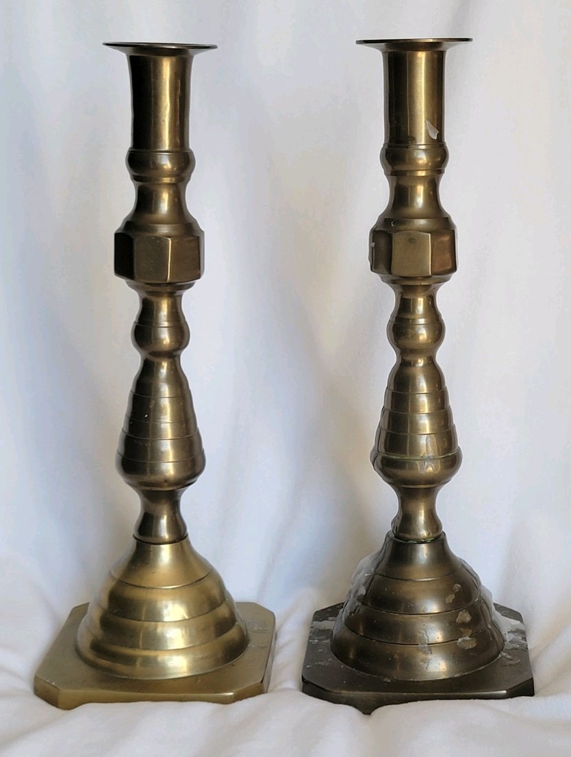 Vintage Solid Brass Candlesticks Pair Beehive Diamond Square Base Heavy 9.5\
