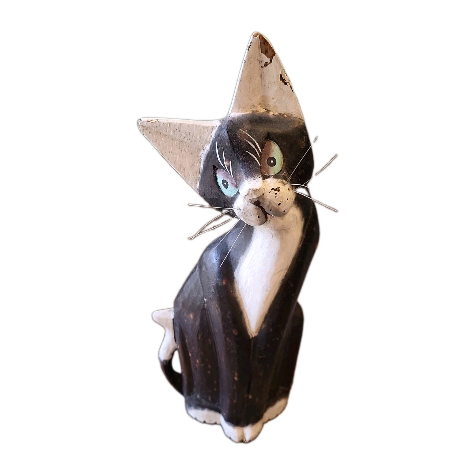 Vtg Hand Carved Cat Folk Art Cottagecore Wood Kitsch Figurine Granny Chippy Cat