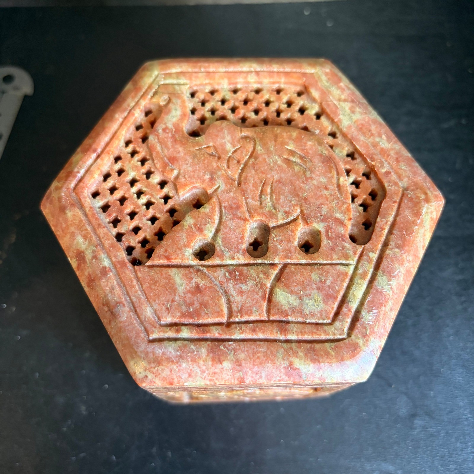 Vintage Hand Carved Soapstone Elephant Trinket Box Hexagon Pink Lattice Lid