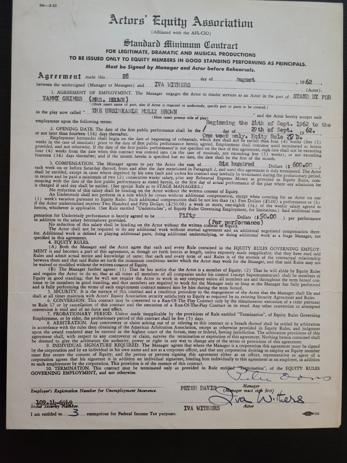 Vintage 1962 Actors Equity Contract Unsinkable Molly Brown Iva Withers Signed Vintage 1962 Actors Equity Contract Unsinkable Molly Brown Iva Withers Signed