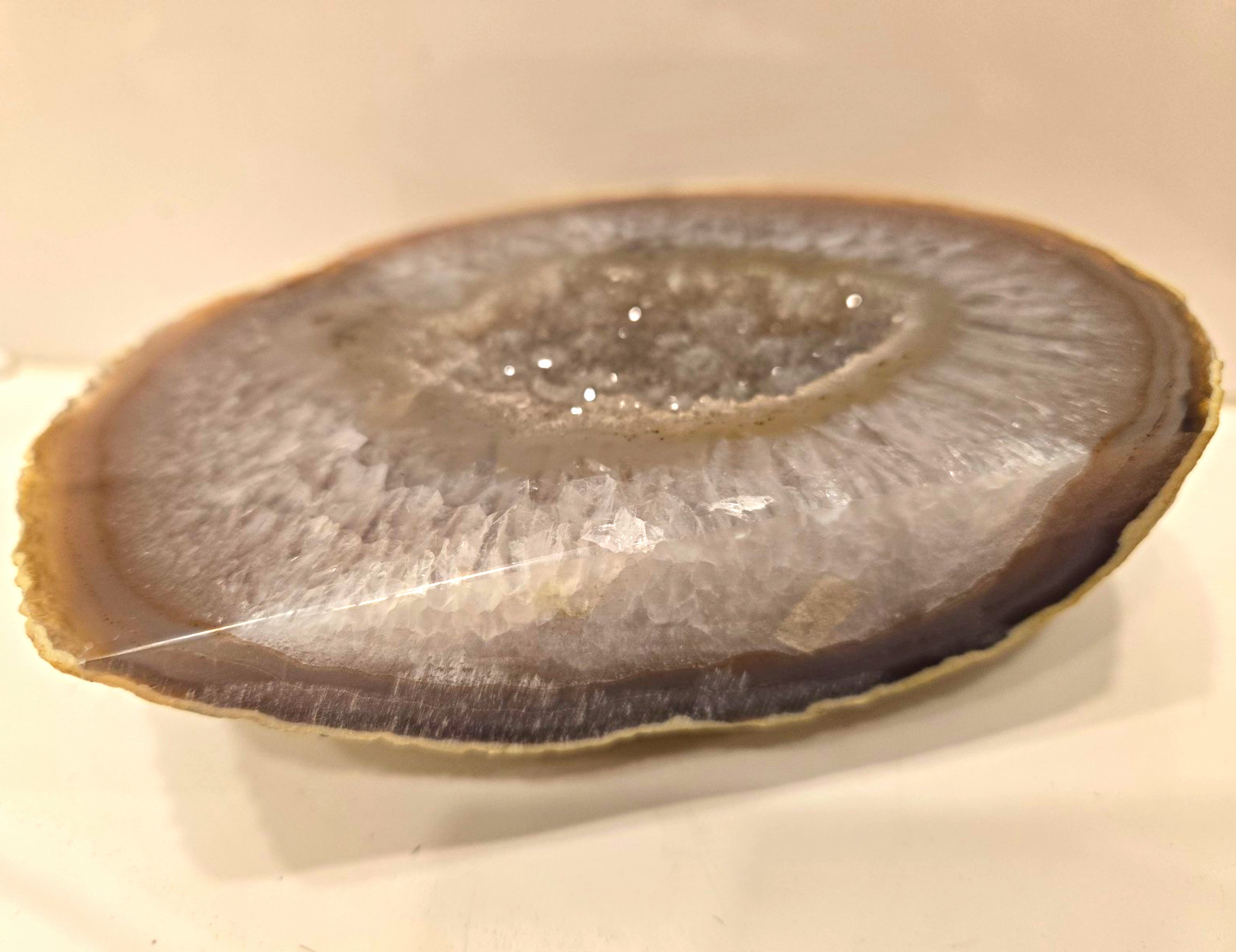 Polished Gray/Brown Agate Geode Slice with Druzy Quartz Crystal Center