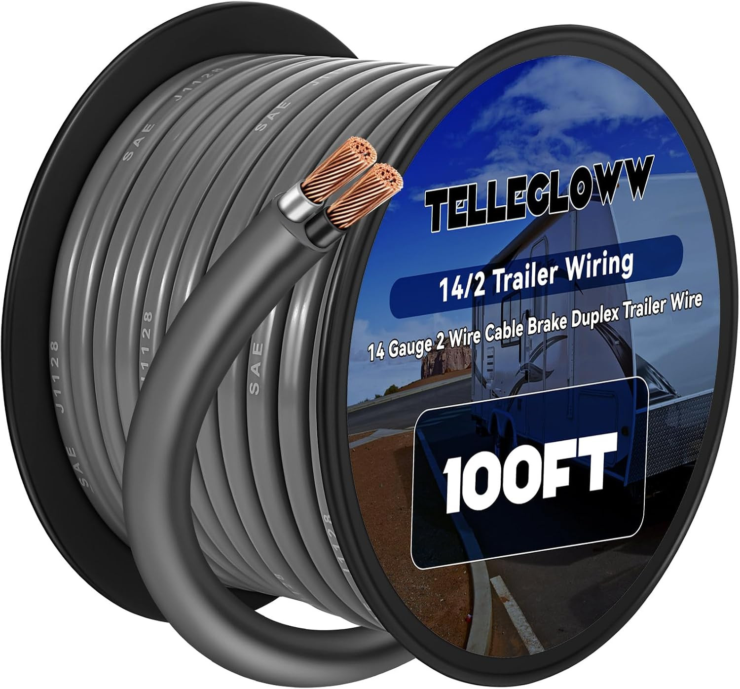 100 Ft 14/2 Duplex Trailer Wiring Brake Wire, 14 Awg Gray Cable