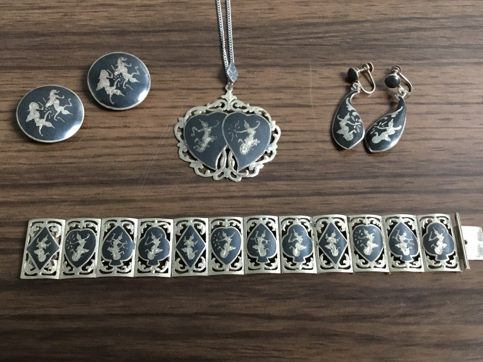Siam Vintage 925 Sterling Silver Black Enamel Niello Mythology Dancer Set