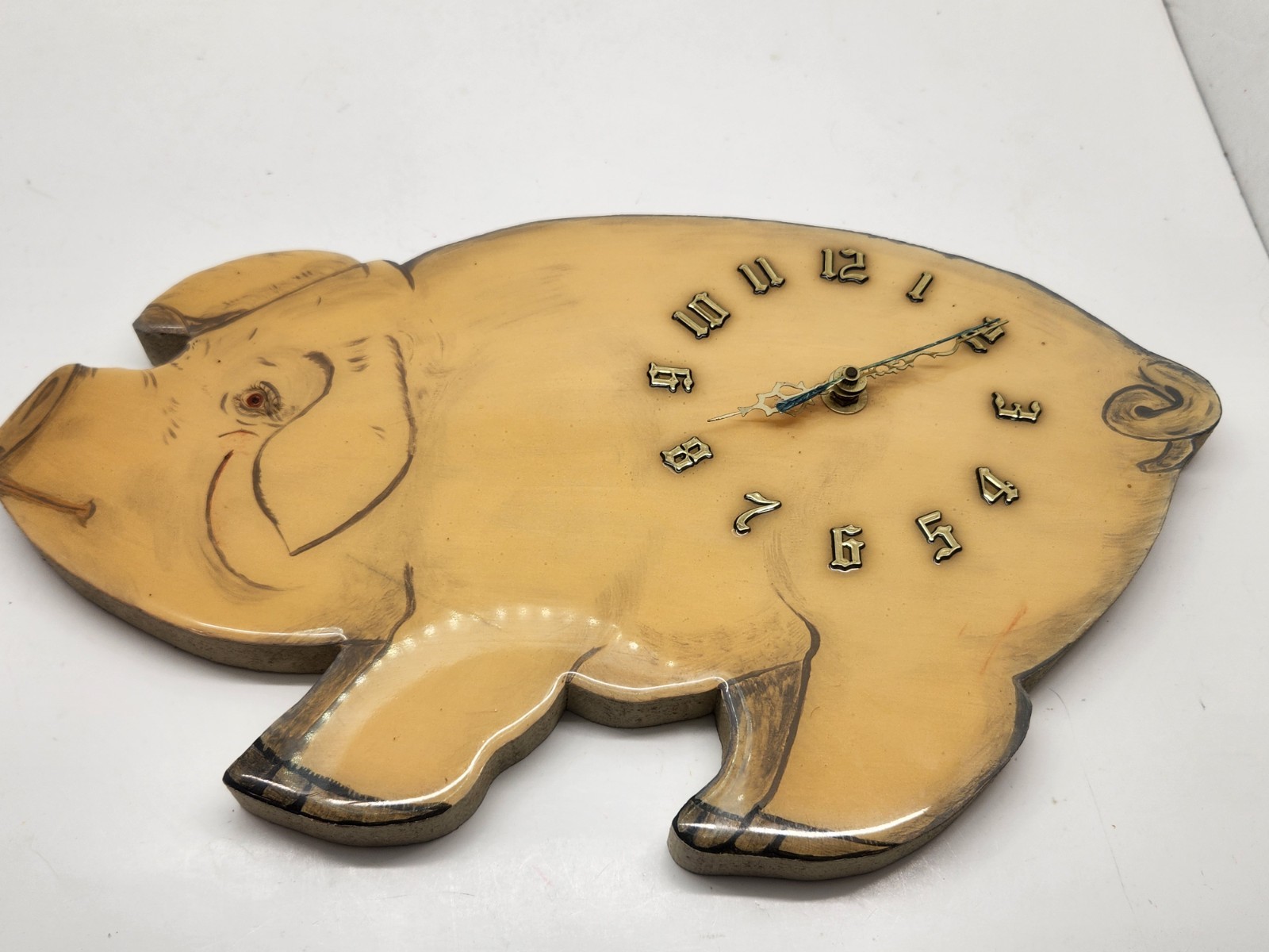 Vintage Hand Crafted Folk Art Painted  Wood Pig Clock Country Decor 