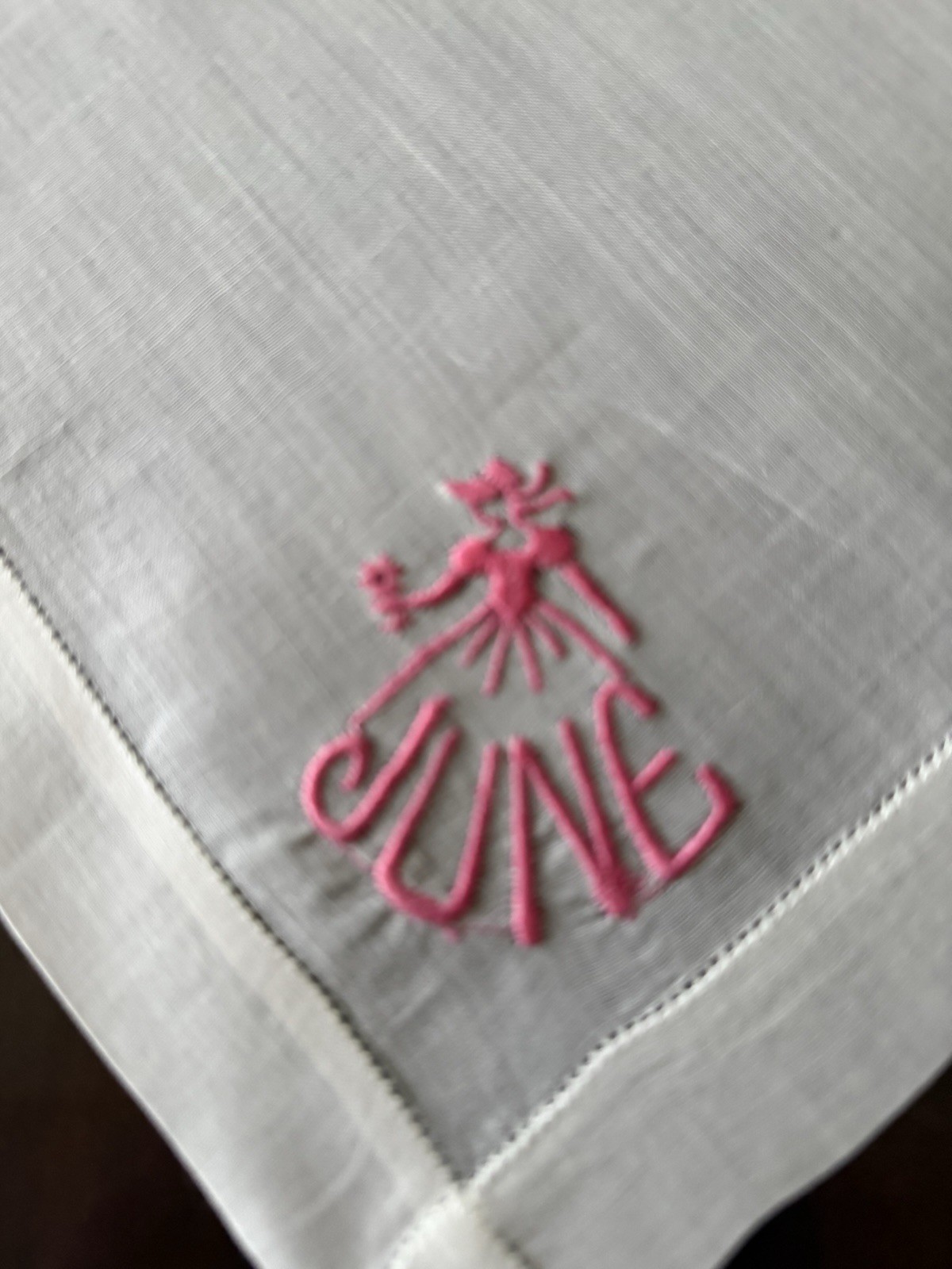 Lovely Vintage 12” Handkerchief  Monogram “JUNE”~ White w/Pink Embroidery
