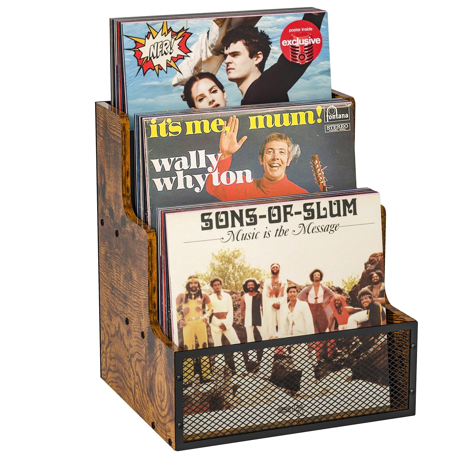 3-Tier Vinyl Record Storage Crate Holds 60+ LP Albums Retro Wood & Metal