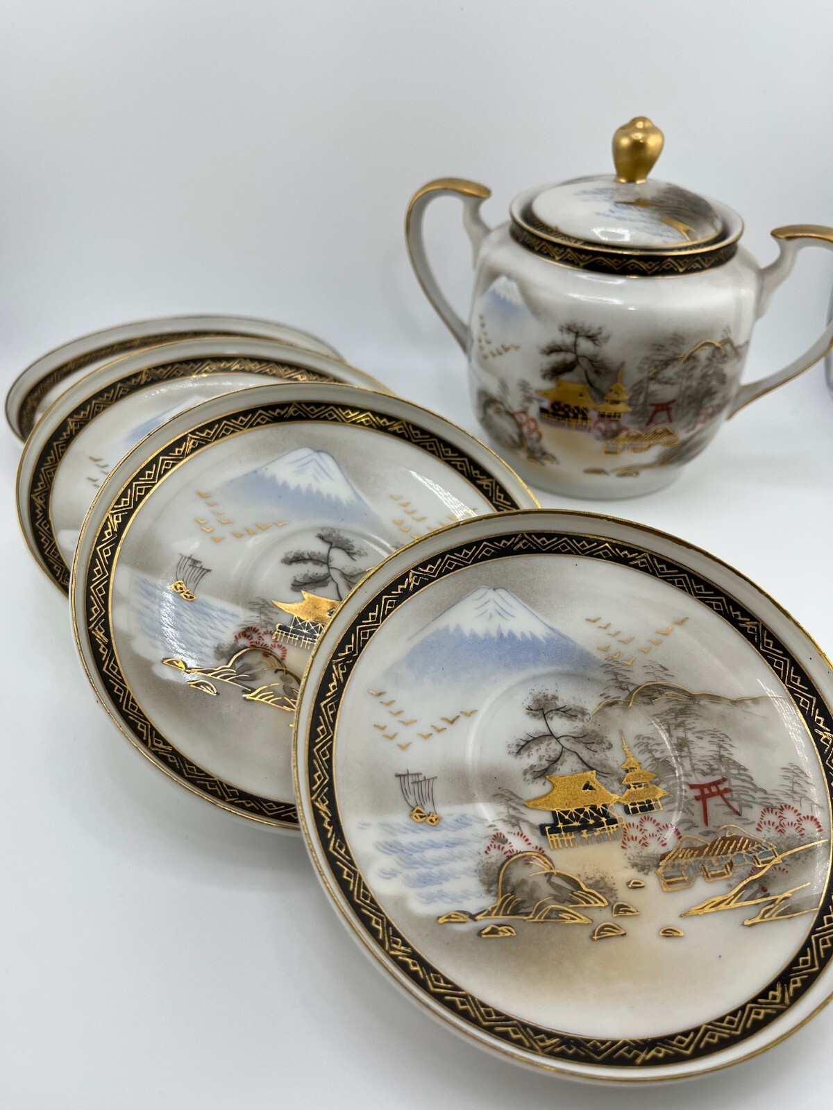 Vintage Japanese Kutani Porcelain Tea Set – Hand-Painted Gold Gilded Scenes