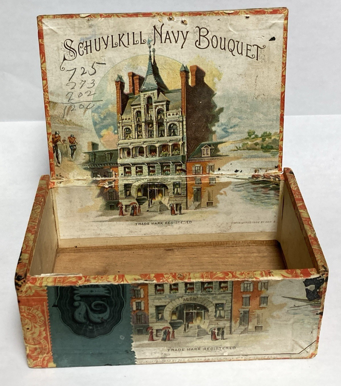 1892 Schuylkill Navy Bouquet Cigar Box Antique Wood 12 Cnt PA Factory 3228 Rare