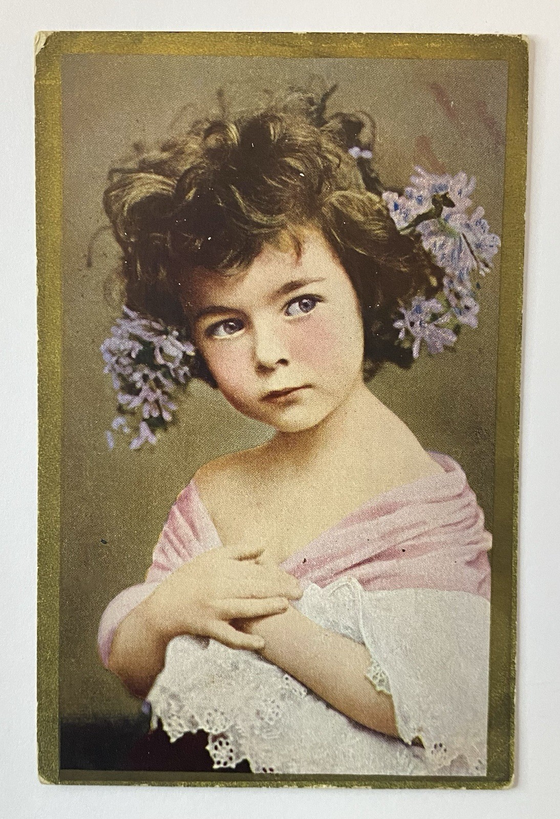 Antique Postcard Early 1900s Portrait Cute Little Girl Lilac Flowers in Hair Art