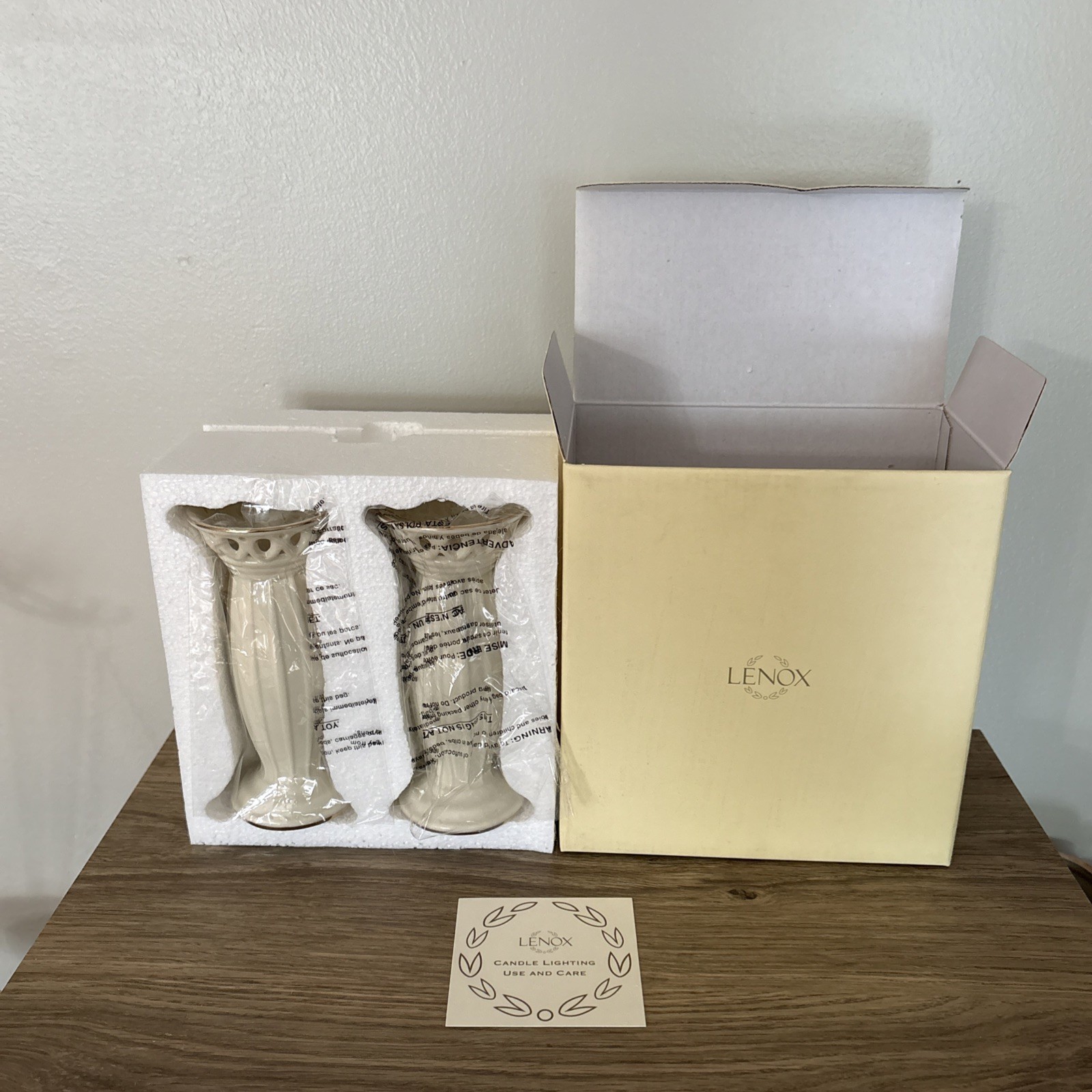 Lenox Illuminations Pleated Candlesticks Pair Ivory China Pierced Lattice 24k