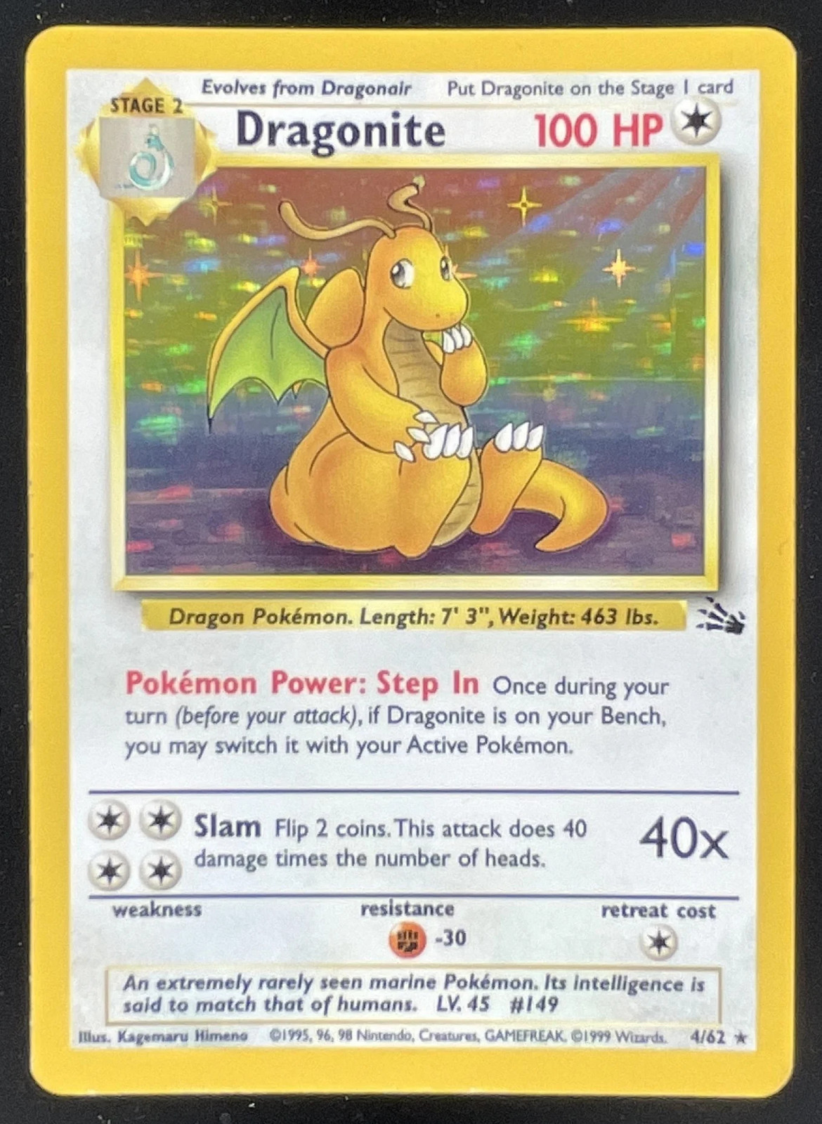 1999 Pokemon Fossil #4/62 Dragonite