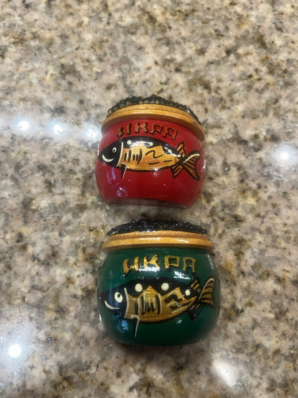 Fridge Magnets 2 Vintage Hand Painted Wooden Caviar Jars (Russian)