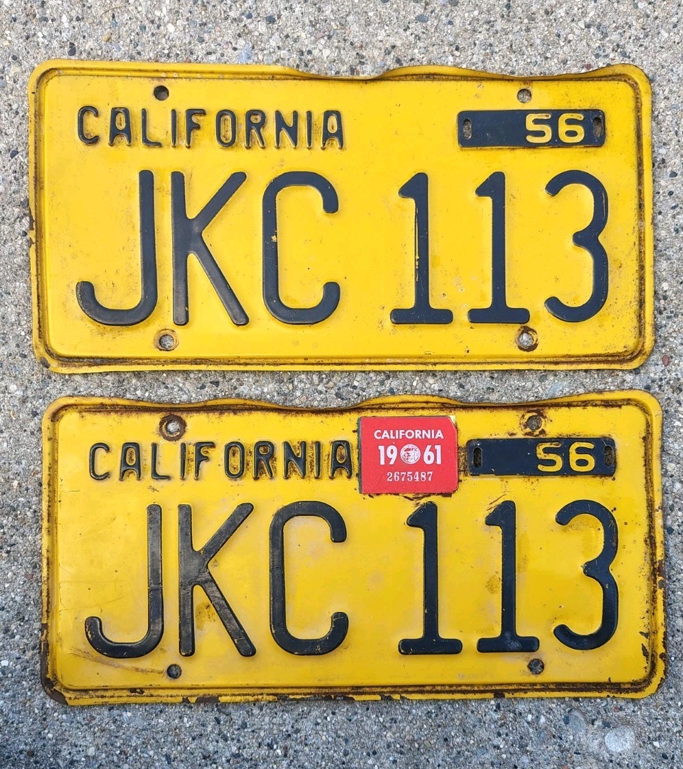 Vintage Matching Pair Of 1956 California License Plates JKC 113 Man Cave Decor