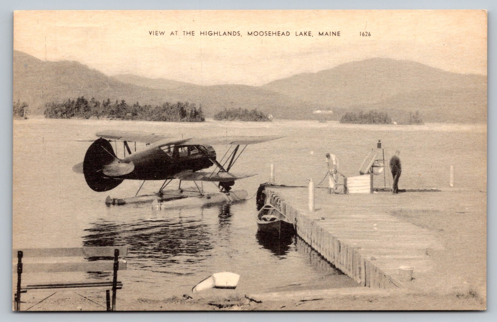 Postcard c1920 Seaplane Bi Plane Moosehead Lake Maine Highlands Dock A74